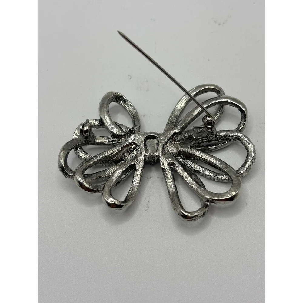 Sonoma Life Style Silver Tone Rhinestone Bow‎ Brooch Pin Aurora Borealis Vintage